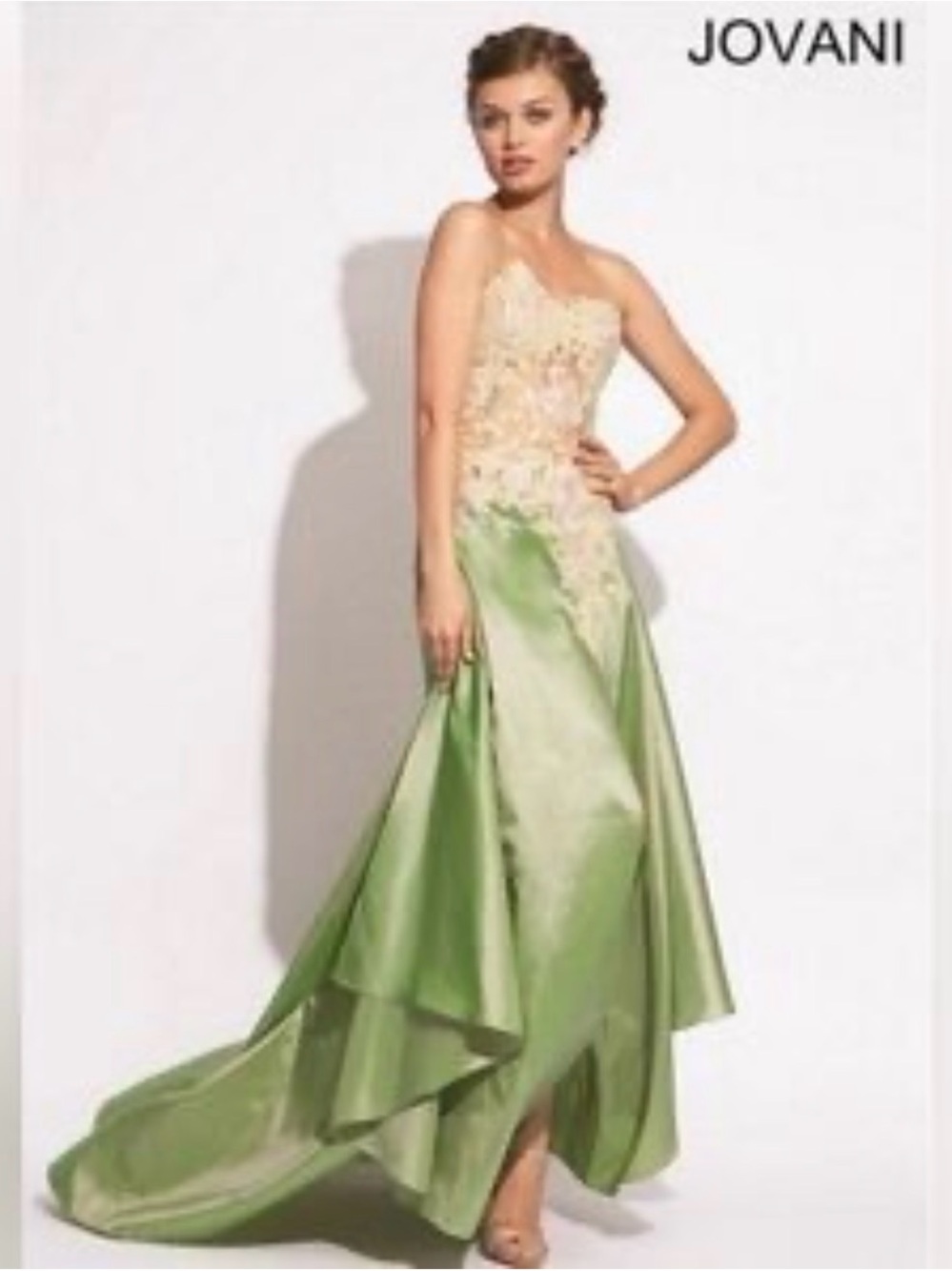 JOVANI Corset Sheer Rhinestone Green Pink Floral Iridescent Flowy Formal Gown 6